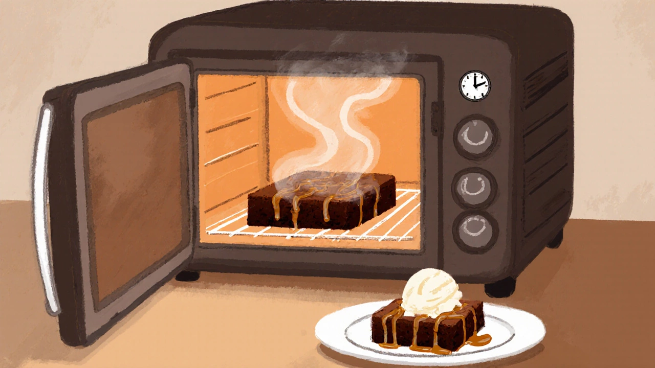 A brownie warming in an oven next to ice cream and caramel drizzle on a plate.