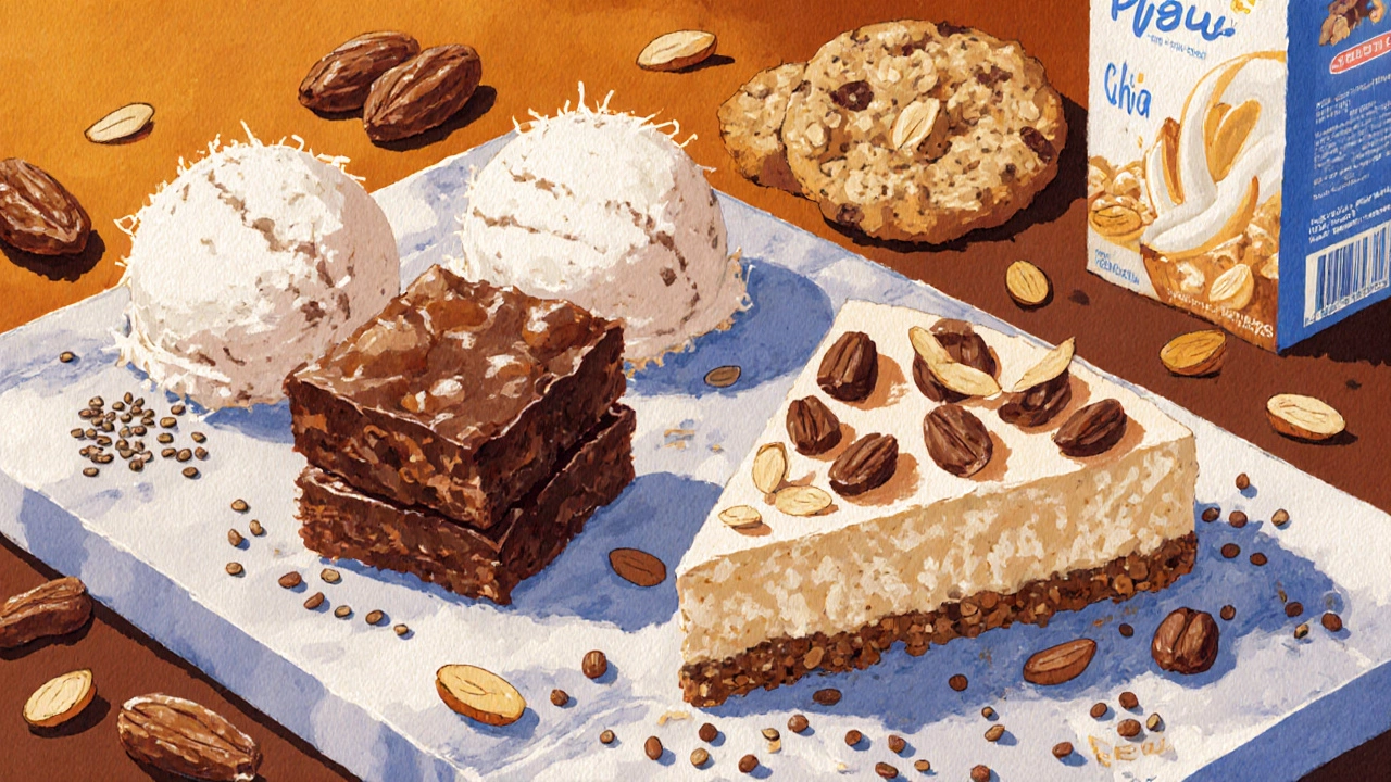 A colorful spread of vegan desserts including ice cream, brownies, and cheesecake with plant-based ingredients.