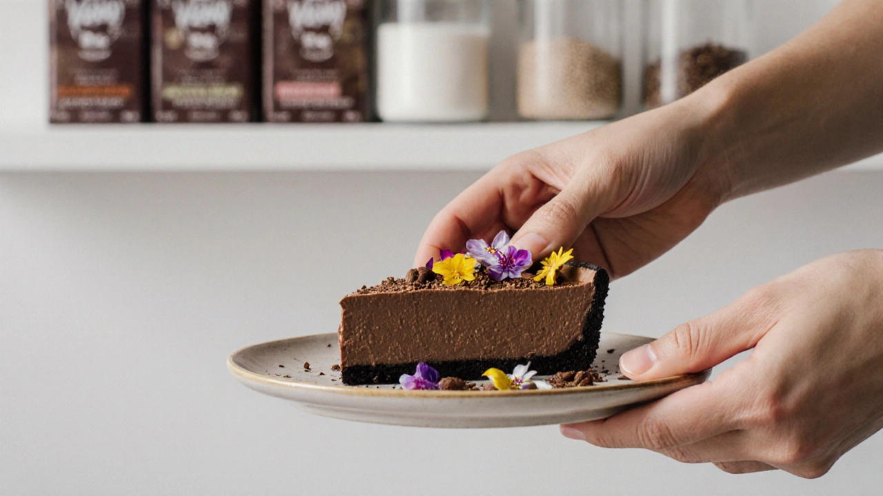 A slice of vegan chocolate tart being placed on a plate with cacao nibs and edible flowers.