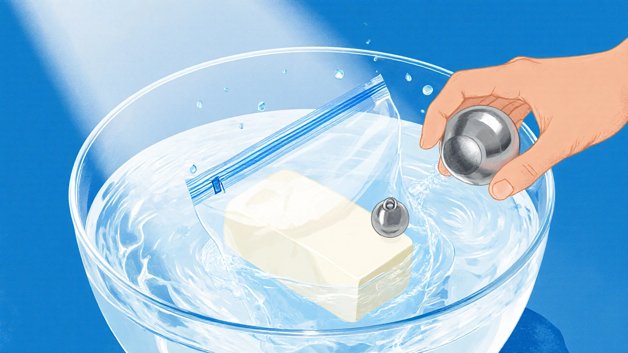 Bagged mozzarella submerged in a bowl of cold water with a hand changing the water.
