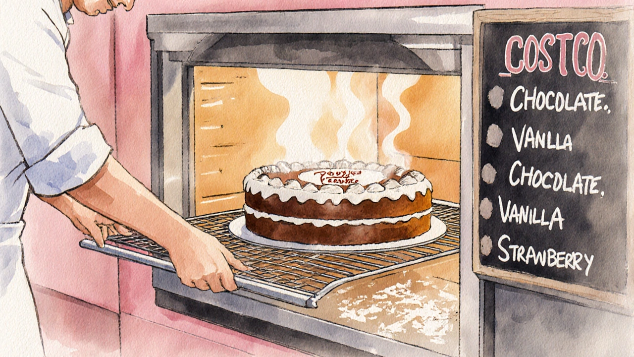 Bakery staff placing a fresh chocolate cake on a rack in Costco.