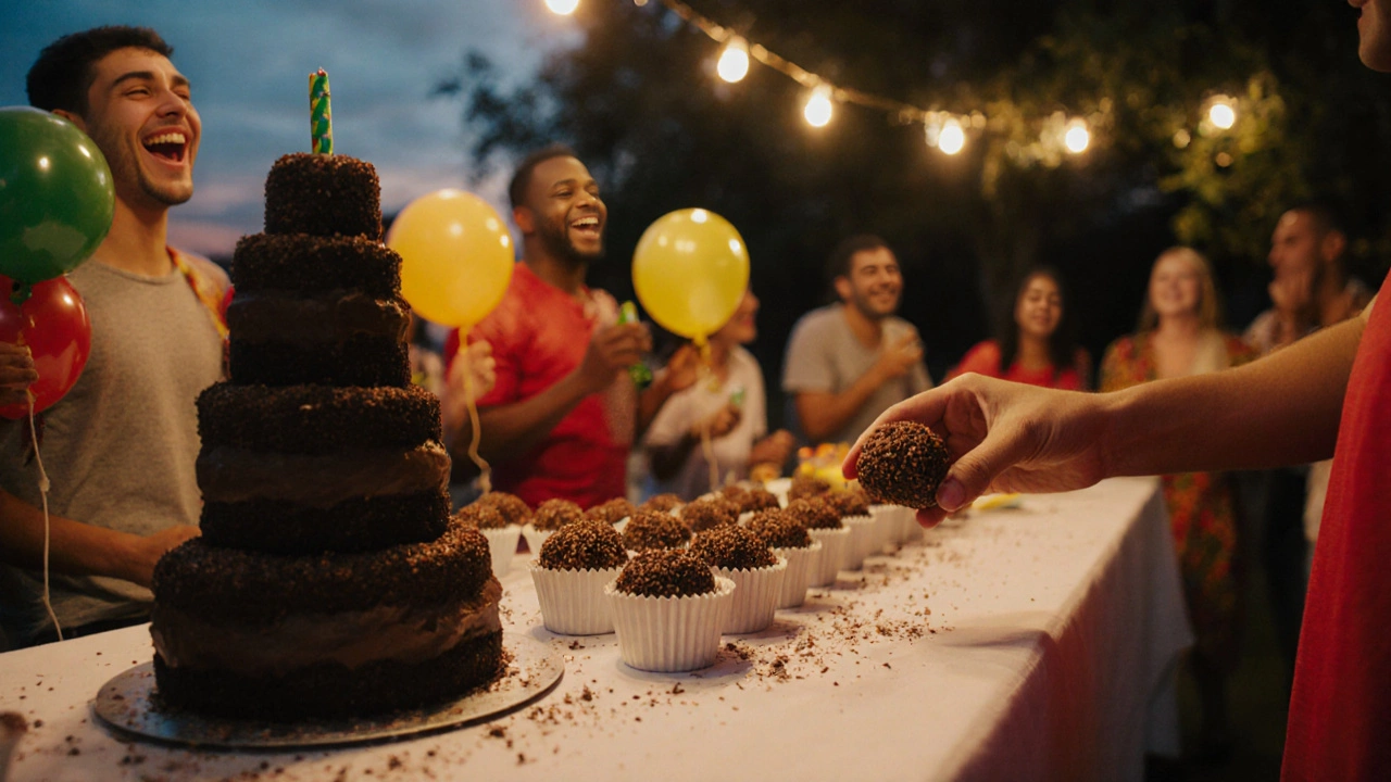 Birthday table at dusk featuring a cake and many brigadeiros in paper cups.