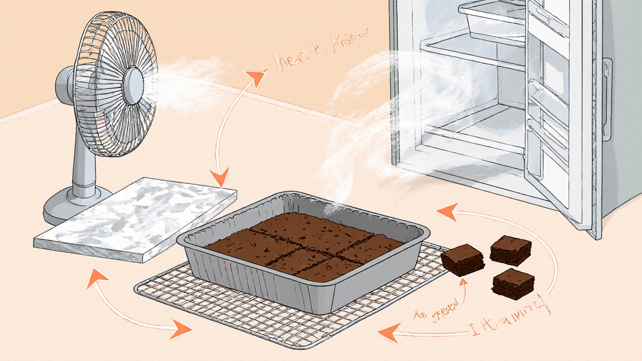 Brownie pan on a cooling rack with fan, marble slab, and cut squares.