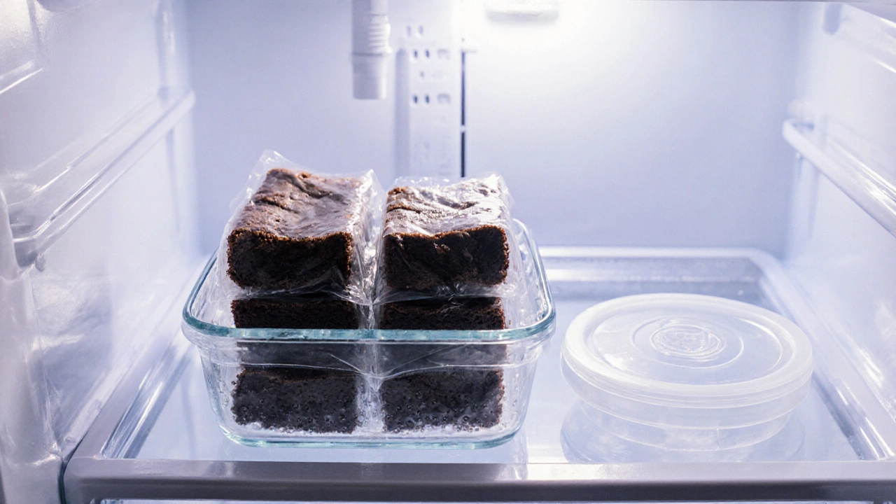 Brownies stored in a clear glass container on a fridge shelf, wrapped in plastic.