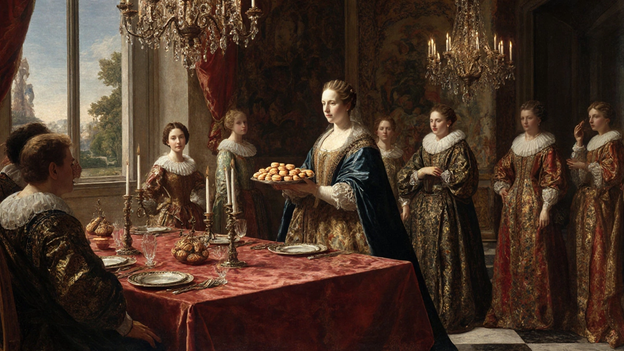 Catherine de Medici presenting almond cookies to the French court.