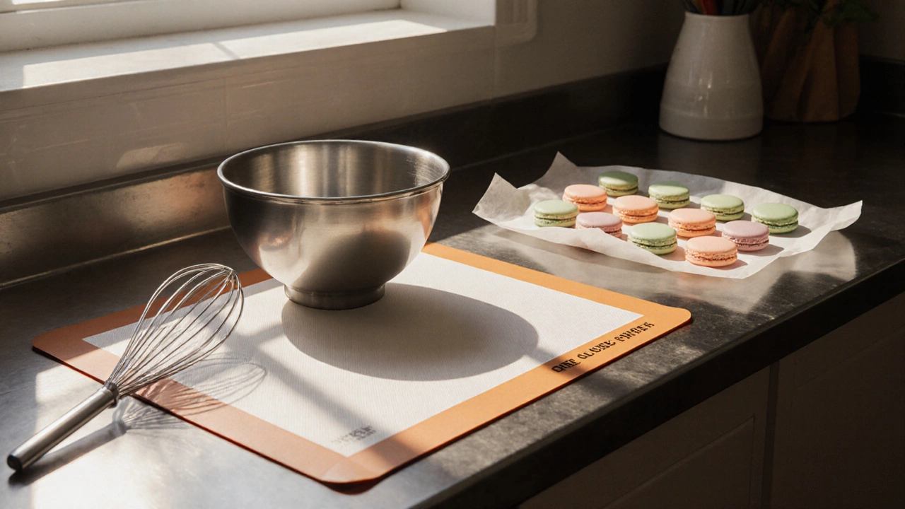 Clean kitchen workspace with dedicated gluten‑free tools and piped macaron shells on parchment paper.