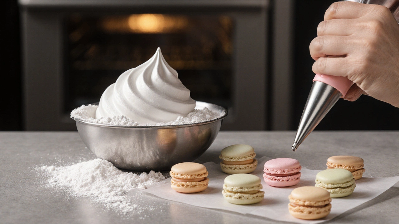 Close‑up of macaron batter being piped onto parchment with shells forming their feet.