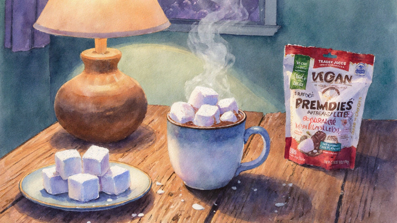Cozy tabletop with hot chocolate topped by vegan marshmallows and packaged vegan marshmallow brands.