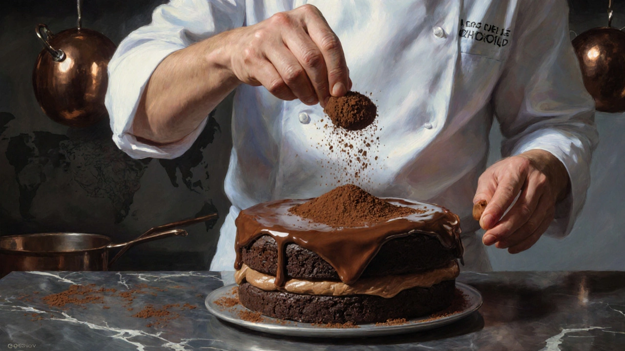 Digital oil‑style painting of a baker adding cocoa to a glossy chocolate cake in a modern kitchen.