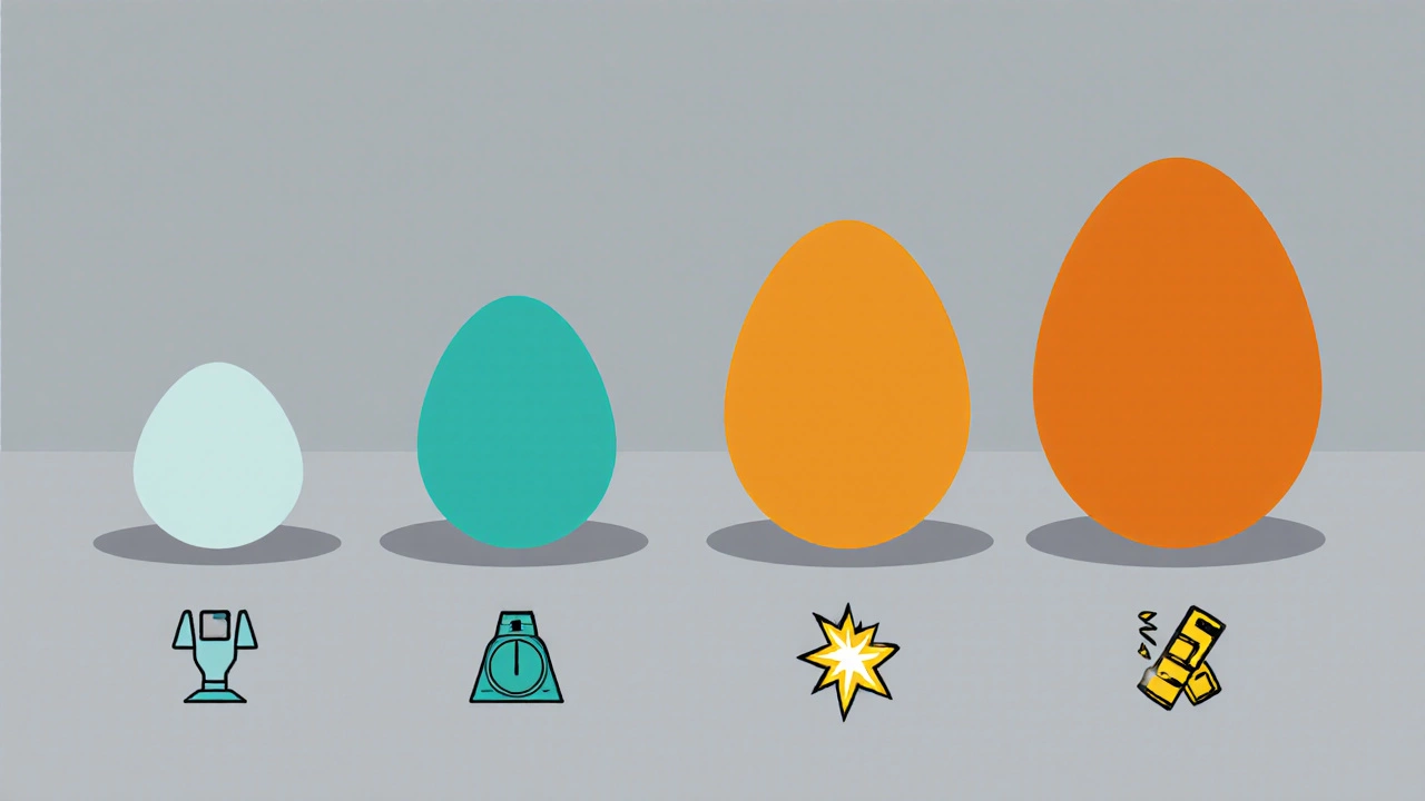 Four eggs of increasing size, color‑coded, with weight and calorie icons beside each.