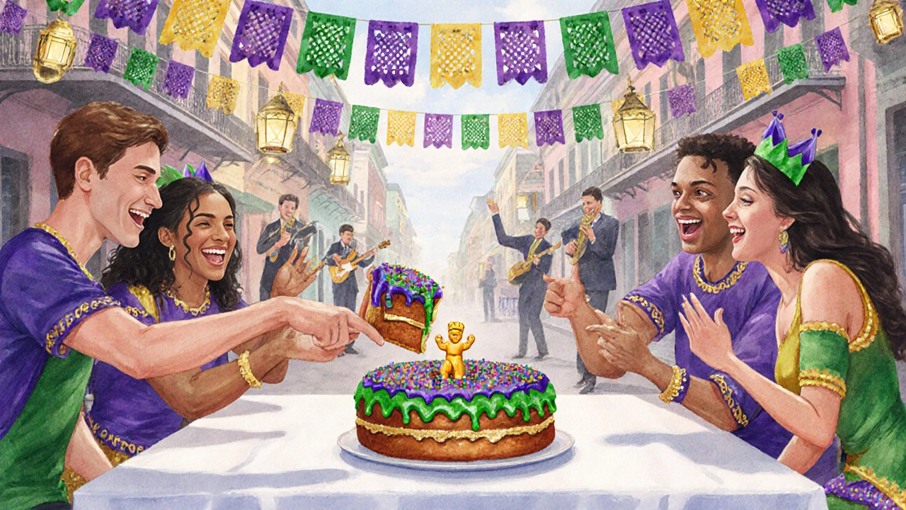 Friends gather around a table cutting a king cake and finding the hidden baby at Mardi Gras.