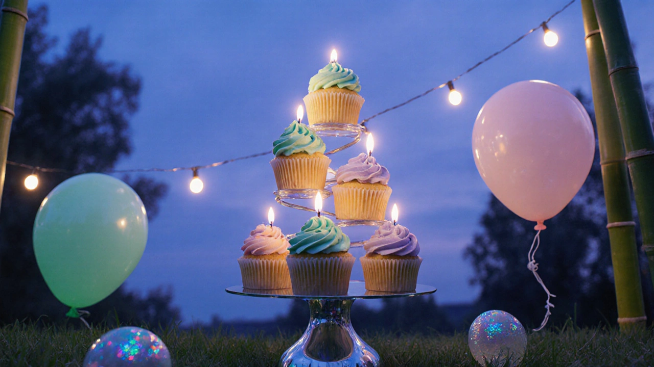 Futuristic tower of mini cupcakes with pastel cashew frosting and LED candles at dusk.