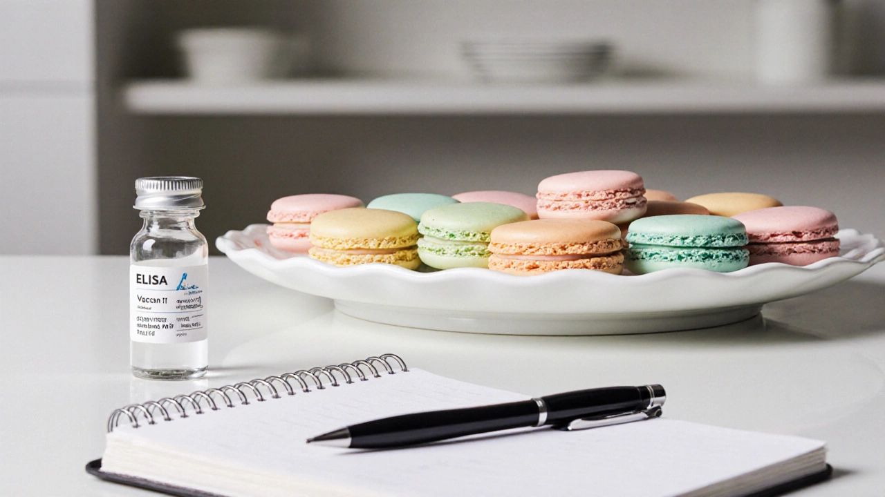 Gluten‑free macarons displayed beside a test kit and laboratory equipment.