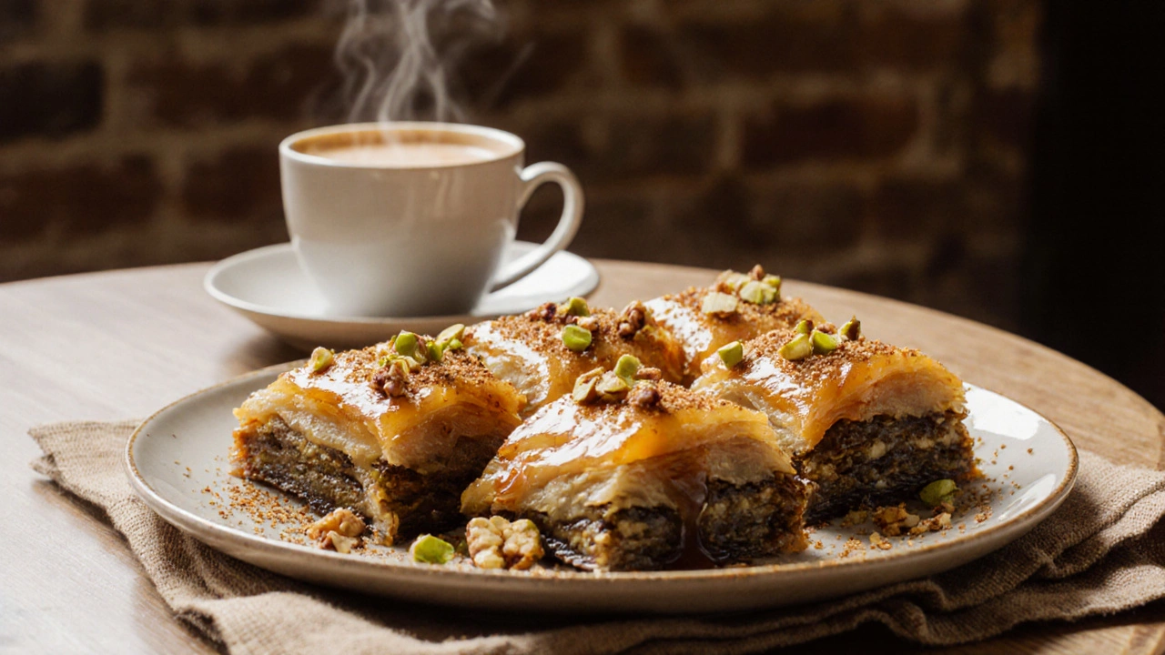 Golden vegan baklava diamonds glazed with maple syrup on a café table.