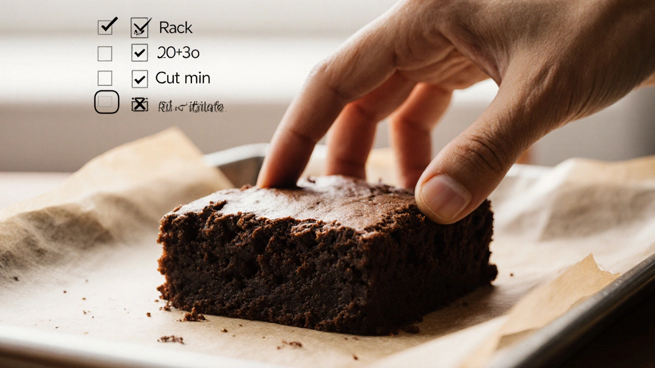 Hand pressing the edge of a cooled brownie showing firm texture.