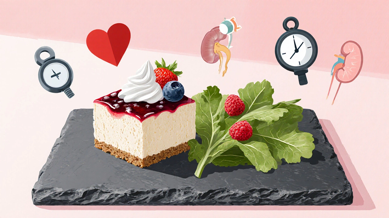 Healthier bite‑size cheesecake with almond crust, berry topping, and nearby salad.