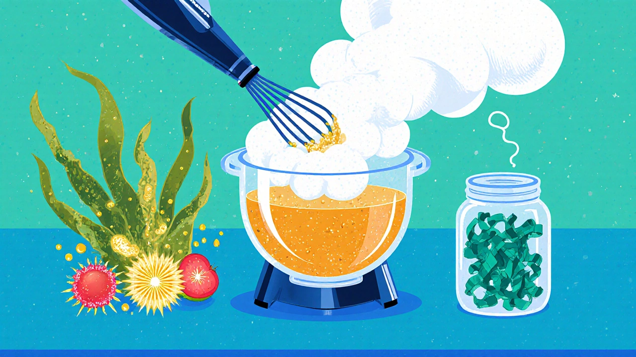 Illustrated scene showing agar‑agar, carrageenan, and pectin turning into marshmallow foam with a mixer.