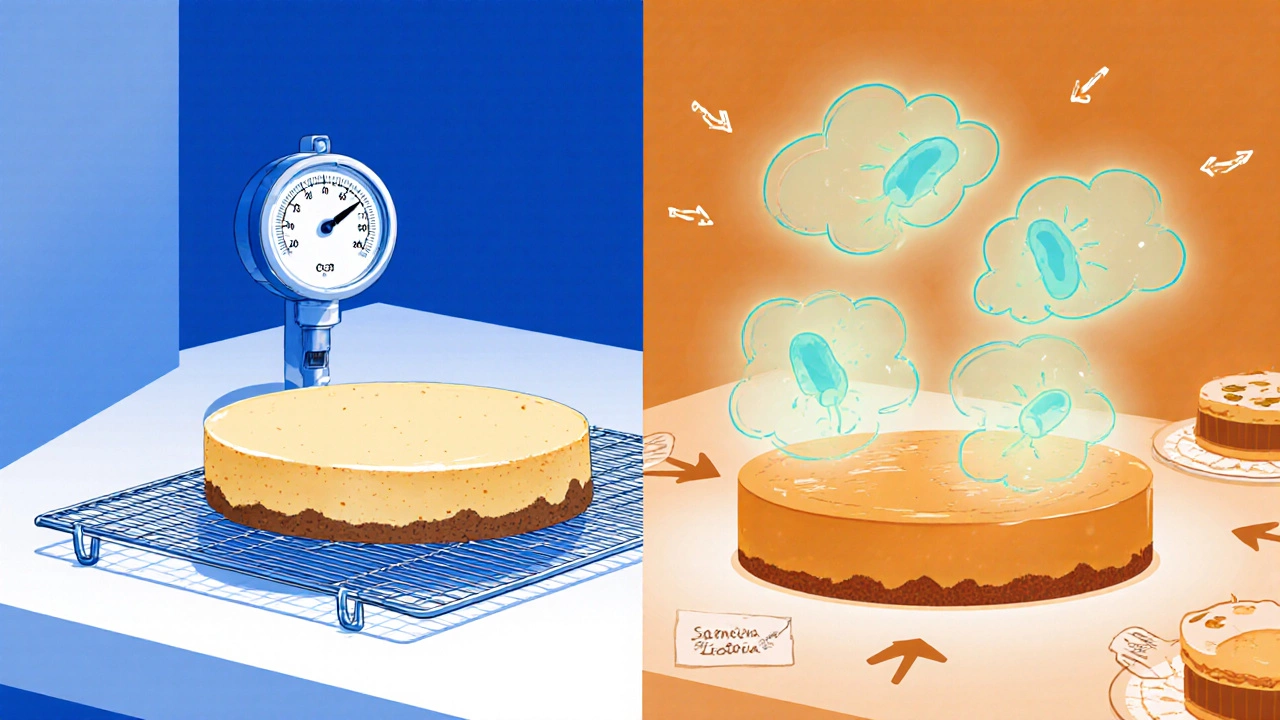 Illustration contrasting safe baked cheesecake with bacterial clouds over a left‑out slice.