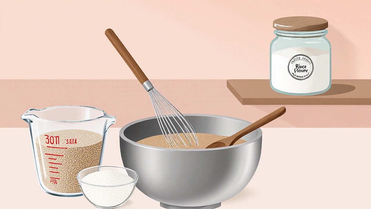 Illustration of lentil flour mixed with rice flour and tapioca starch beside a certification jar.