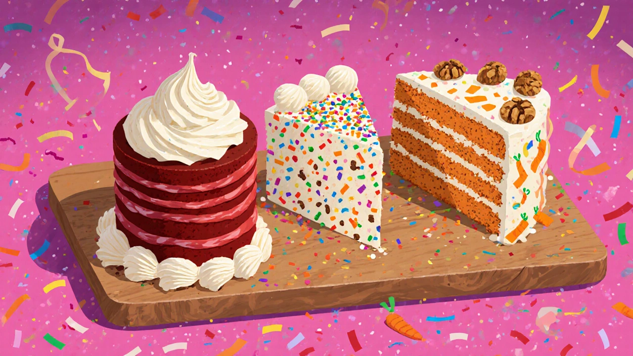 Illustration of red velvet, funfetti, and carrot cakes sliced on a wooden board.
