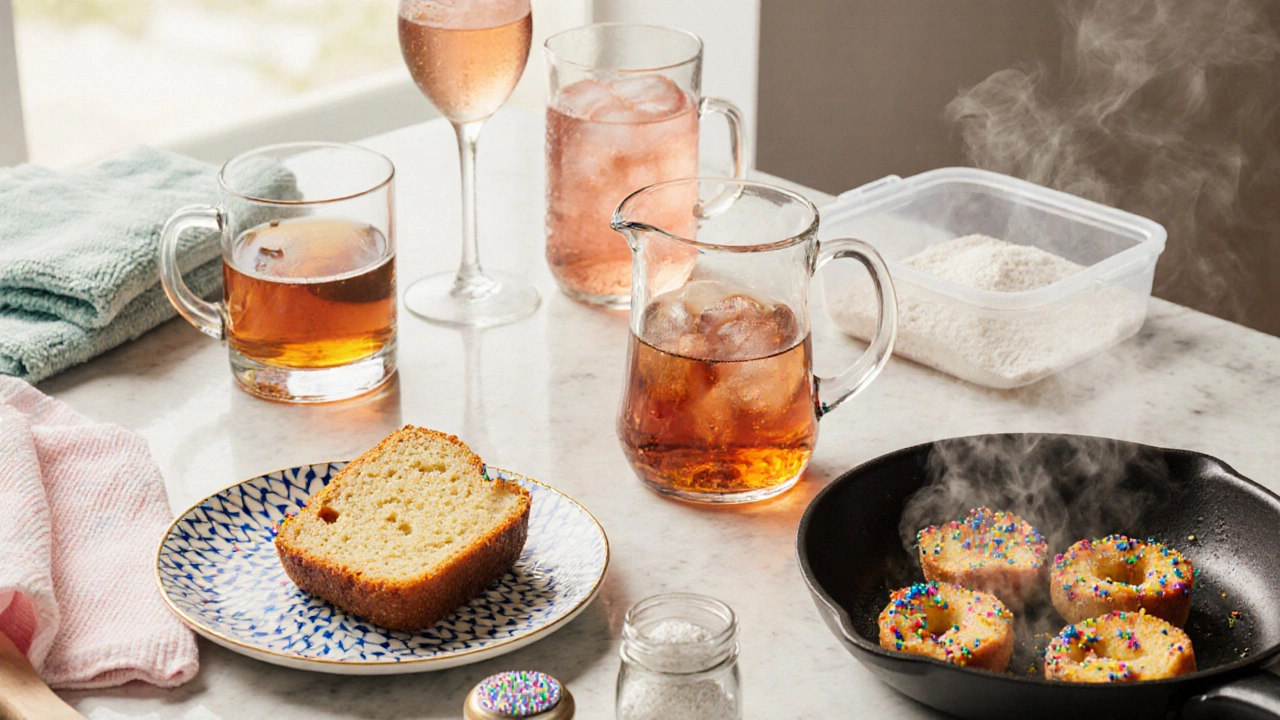 Kitchen counter showing sliced king cake, mini bites, French toast, and drinks for serving ideas.