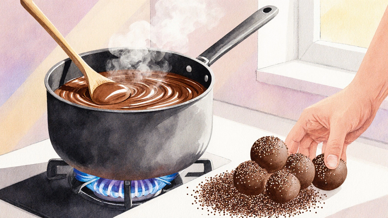 Kitchen view of brigadeiro mixture being stirred and balls rolled in sprinkles.