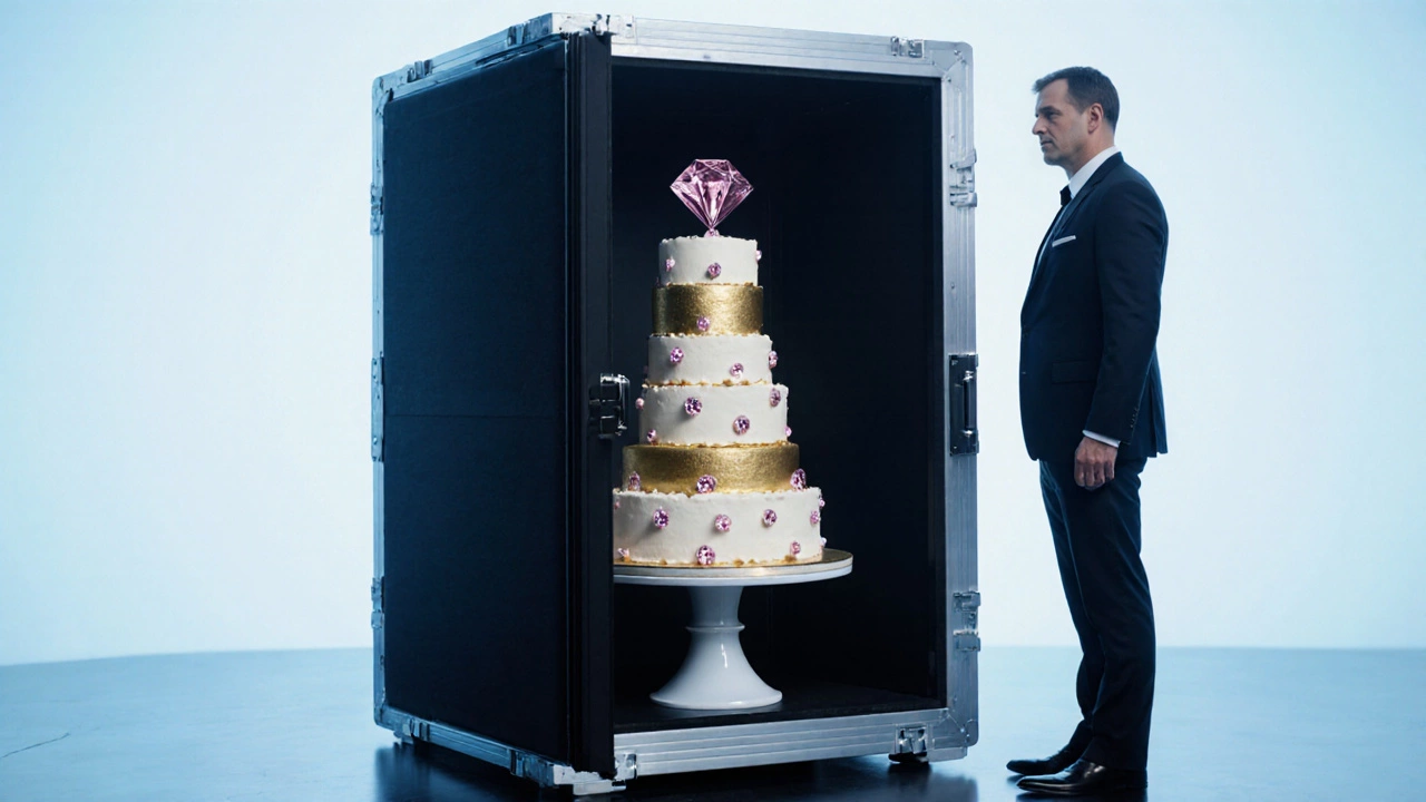 Luxury cake emerging from a bullet‑proof crate with security guard nearby.