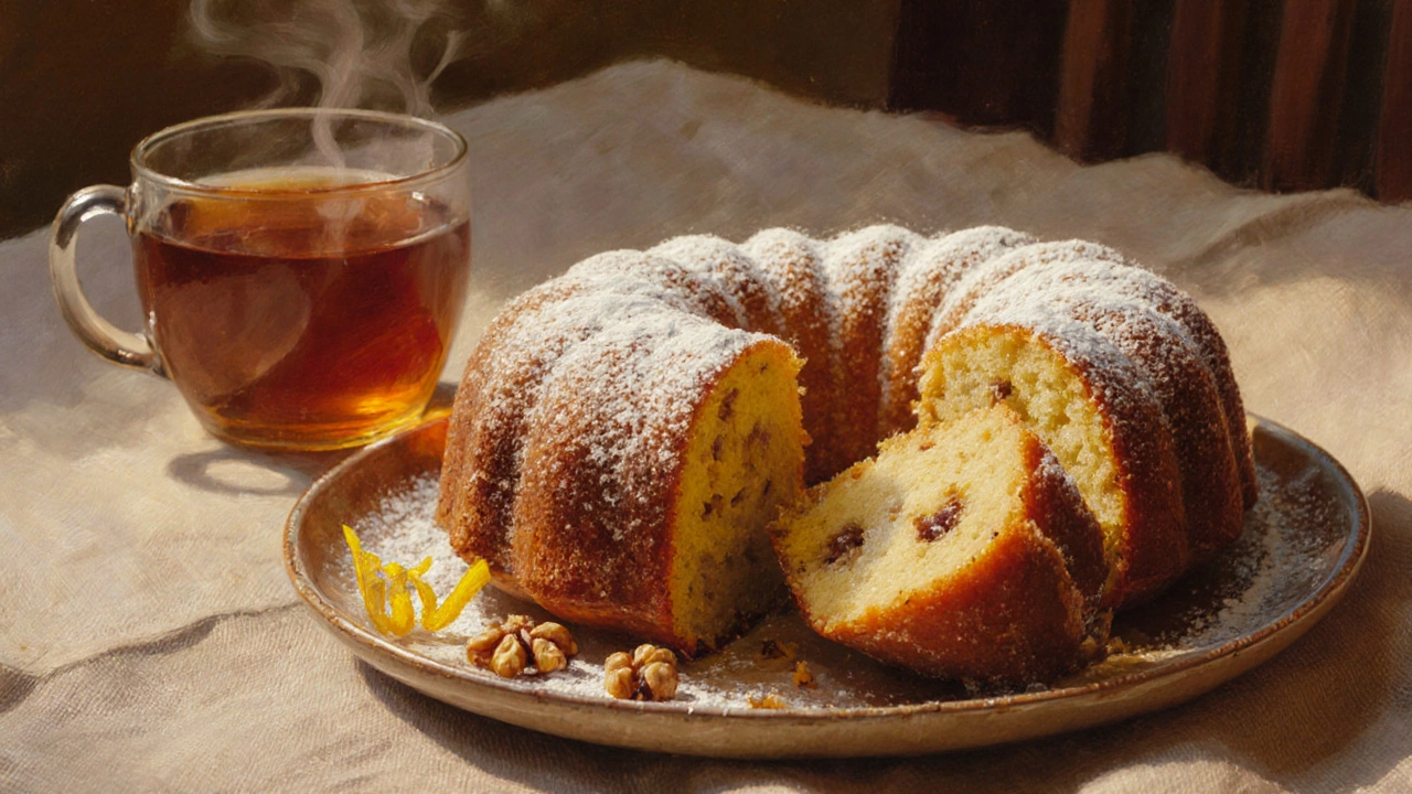 Painterly image of a golden gluten‑free cake slice on a plate with walnuts and lemon zest.