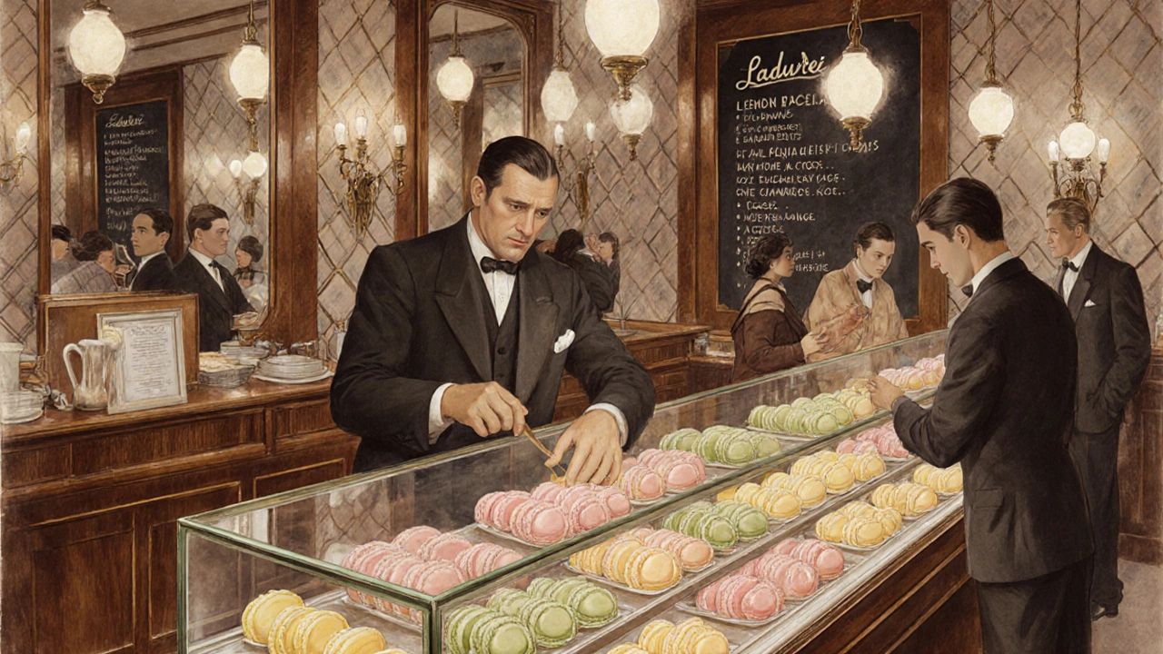 Pierre Desfontaines arranging pastel macarons in Ladurée’s glass case.
