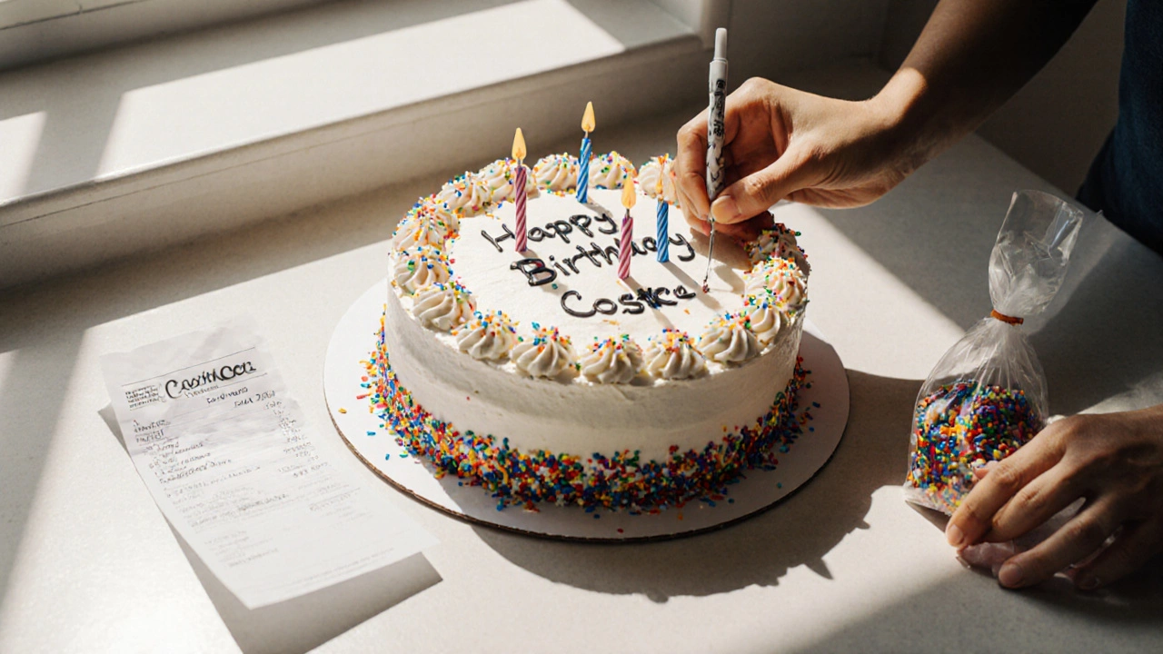 Plain Costco cake being decorated at home with candles and sprinkles.