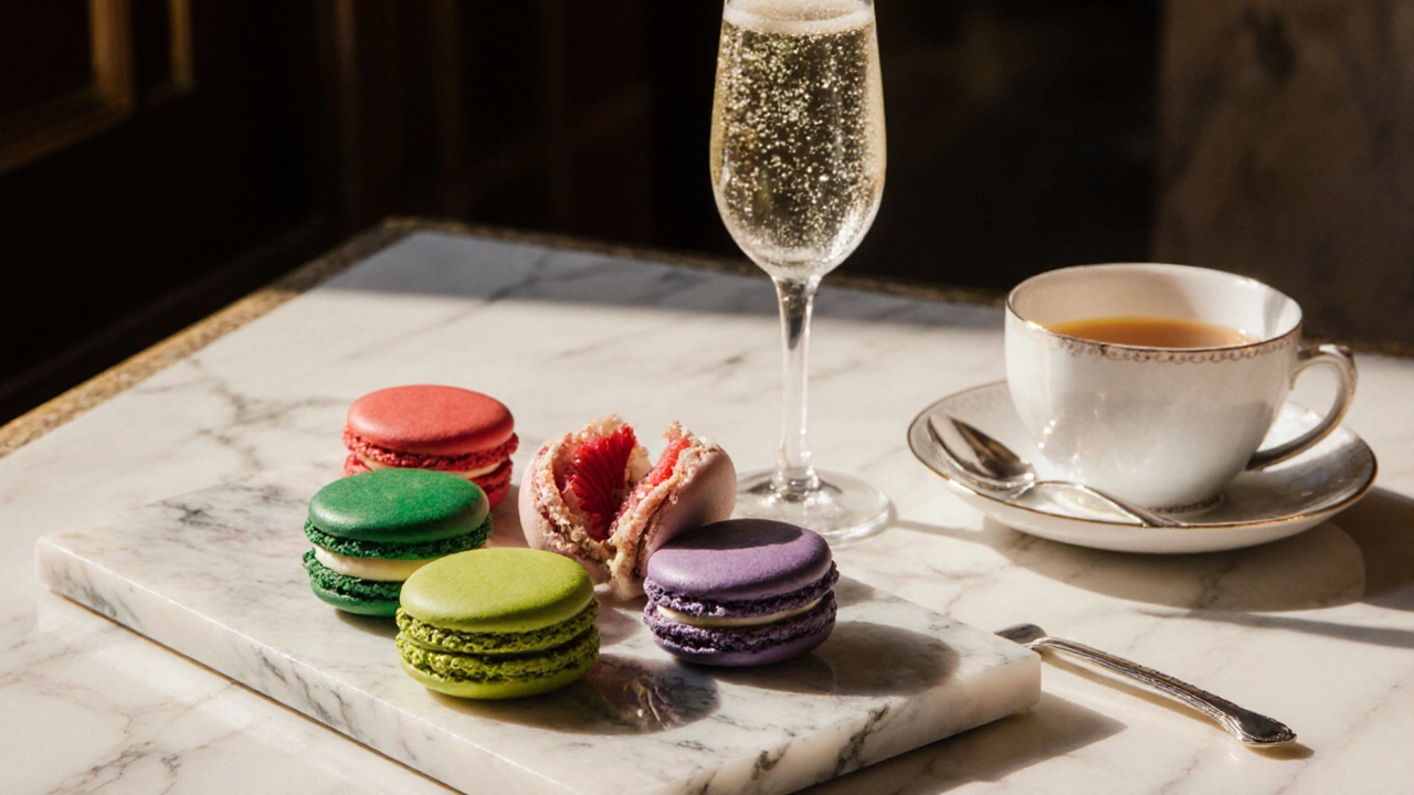 Platter of colorful macarons with sparkling wine and tea in an elegant café.