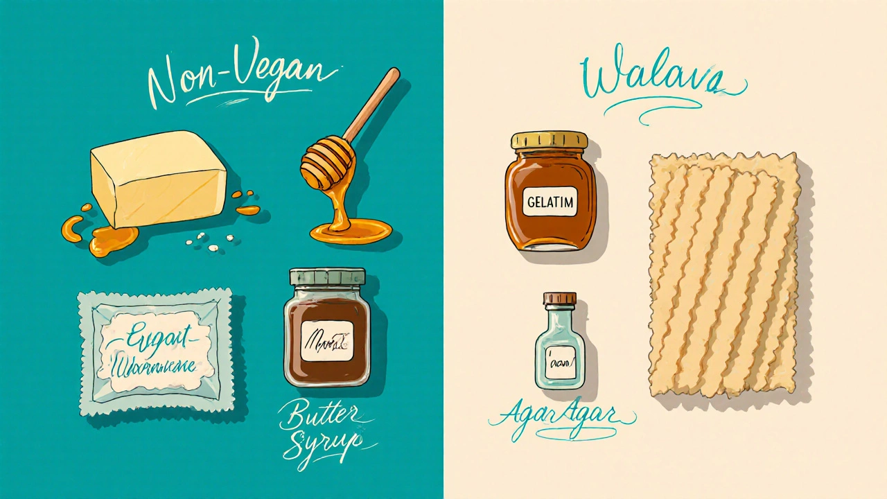 Side‑by‑side collage of butter, honey, gelatin versus vegan margarine, maple syrup, agar‑agar.