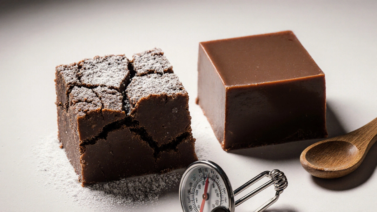 Side-by-side comparison of grainy and smooth fudge with stirring tools.