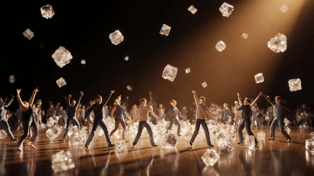 Surreal illustration of sugar molecules forming smooth vs. chaotic crystals.