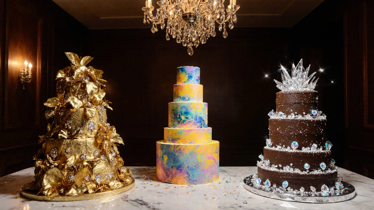 Three opulent cakes on a marble table, each with distinct gold, saffron, and platinum decorations.