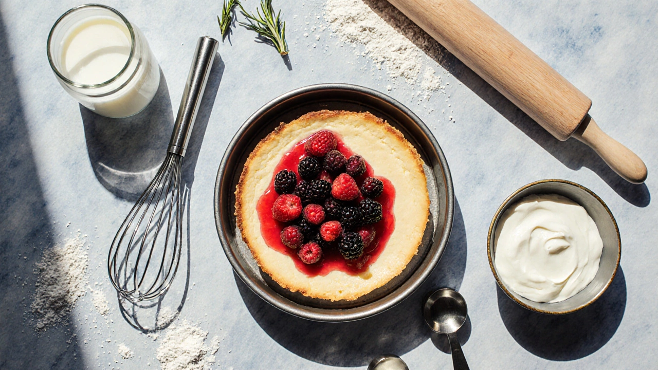 Top-down flat lay of a baked cheesecake in a springform pan surrounded by baking tools and berries.