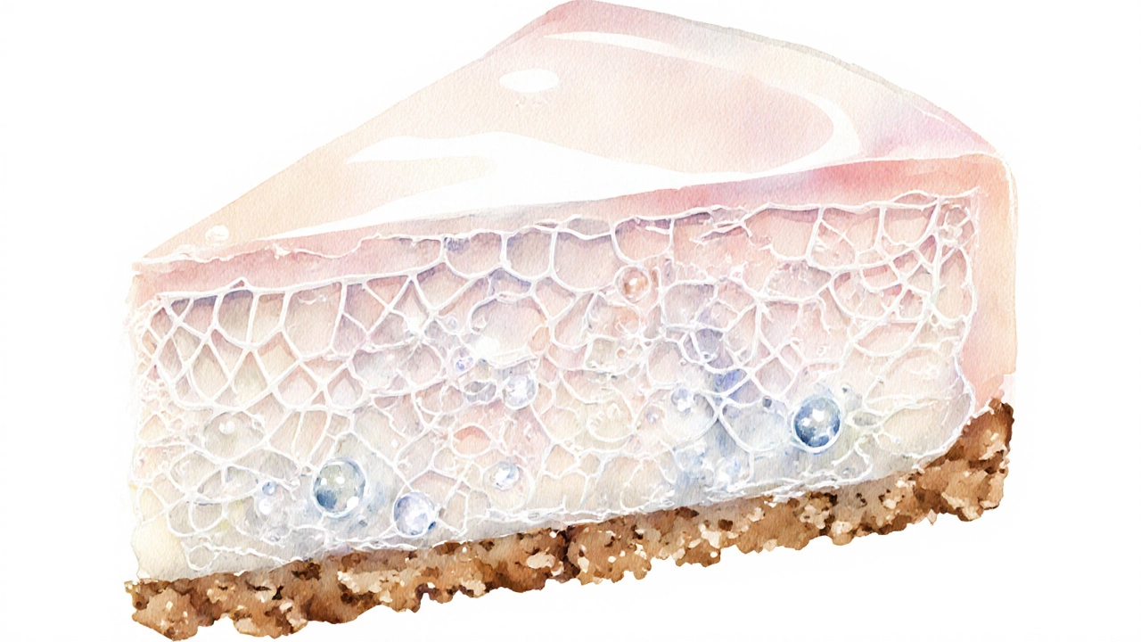 Watercolor cross-section of a cheesecake showing creamy interior, air bubbles, and protein mesh.