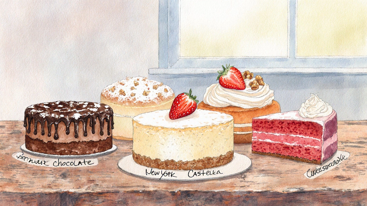 Watercolor of chocolate, vanilla sponge, cheesecake, red velvet, and carrot cakes on a wooden table with regional labels.