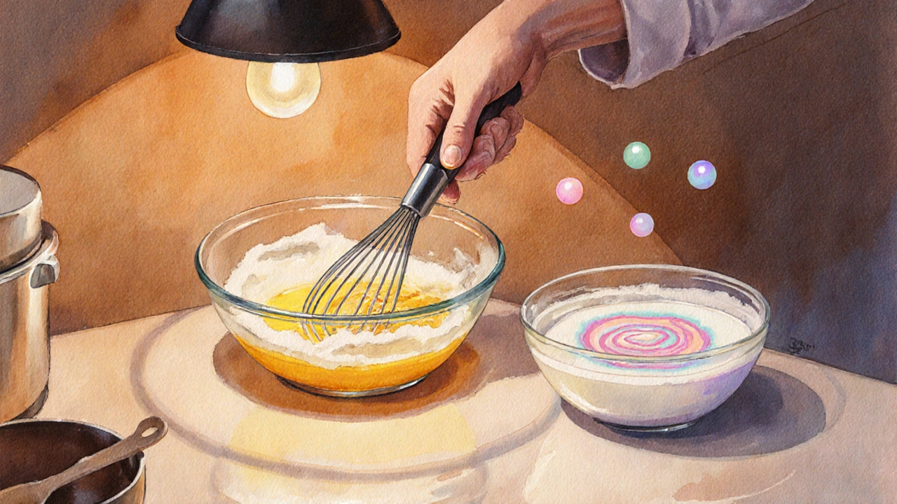 Whisking egg yolks with sugar for tiramisu, beside a bowl of egg whites, in watercolor style.