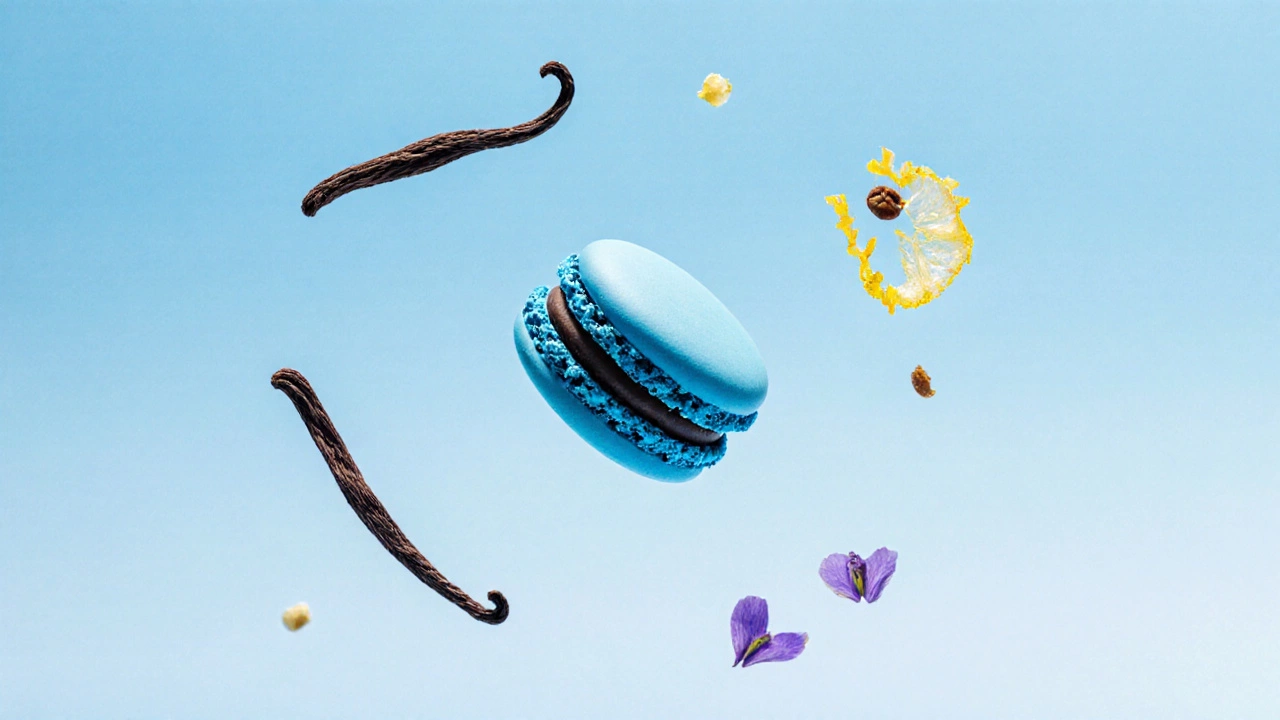 A blue macaron floating in a sky-blue space with floating vanilla, lemon, and lavender elements.