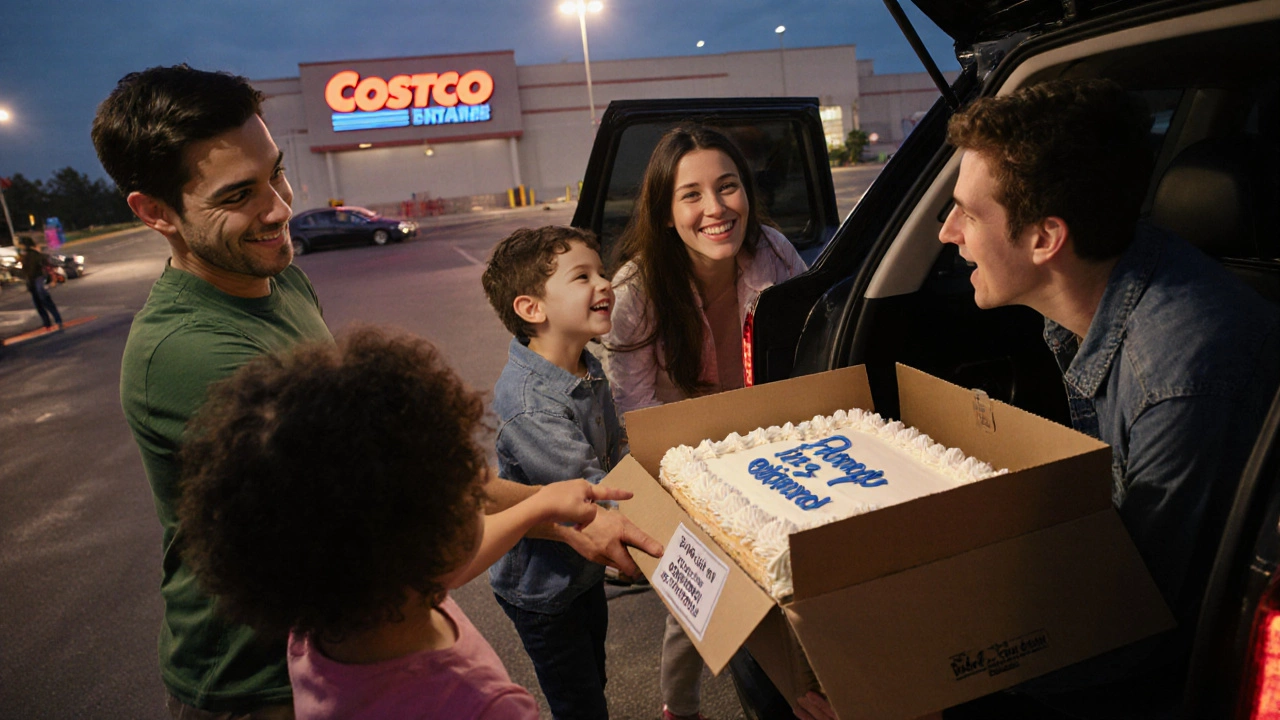 A family transporting a plain Costco sheet cake in a box, securely placed in the back seat of their car.