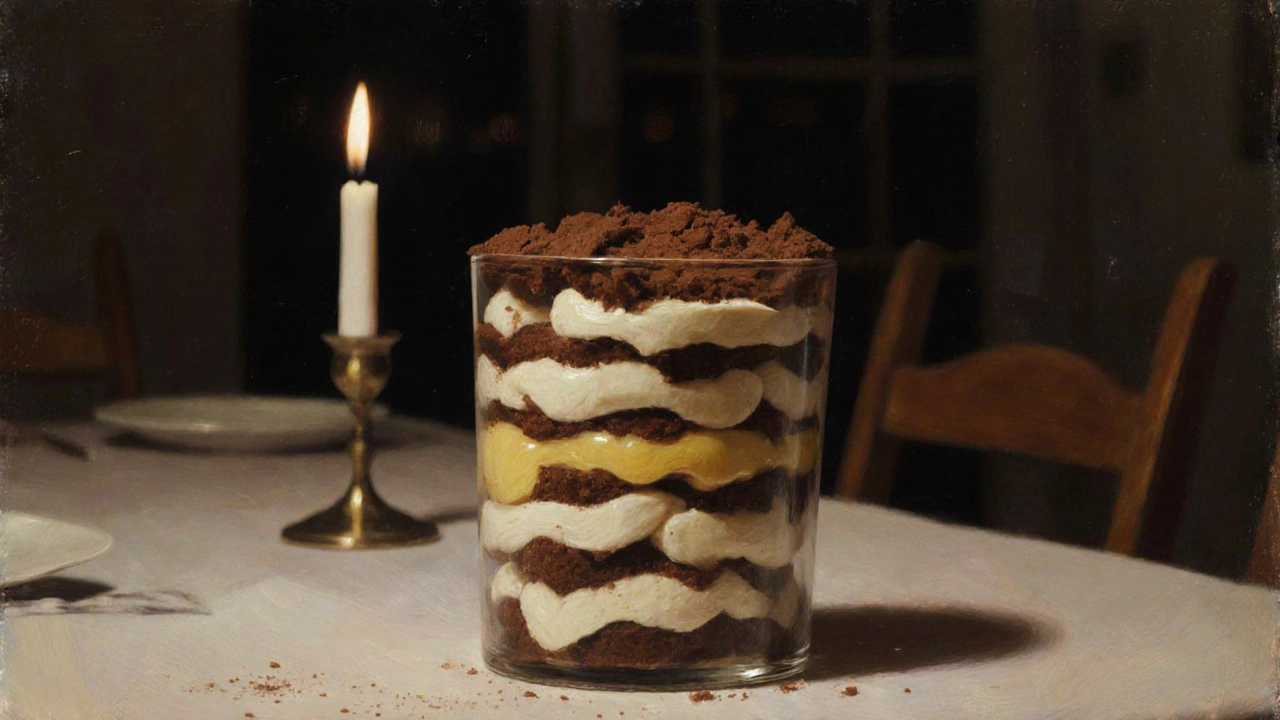A layered conceptual painting of tiramisu symbolizing memory, with soft blurred family dinner in background.