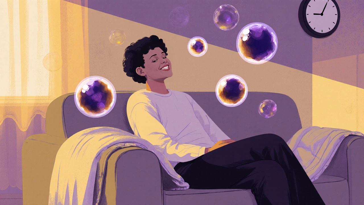 A person relaxed on a couch at twilight, surrounded by fading golden and purple energy orbs.
