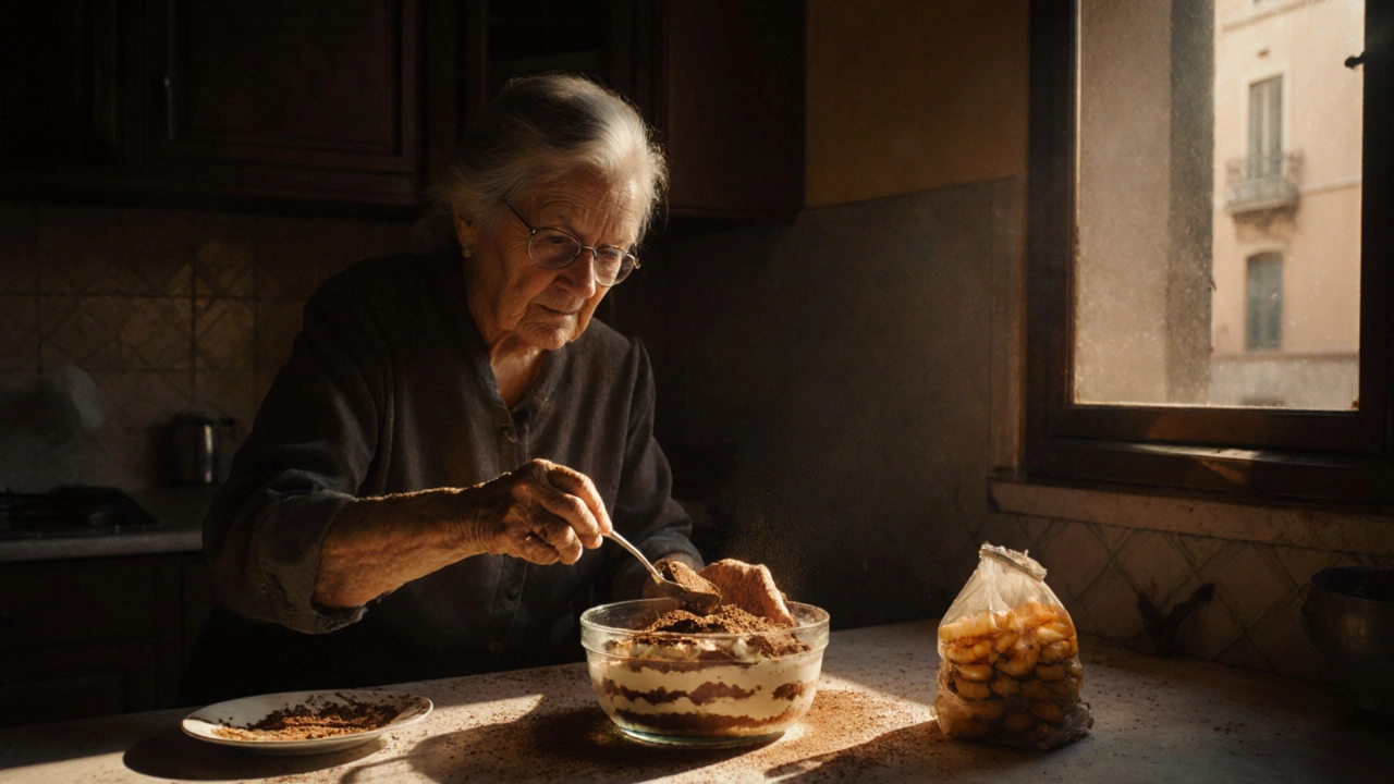 An elderly woman serving tiramisu in a traditional Italian kitchen, cocoa dust on her hands.