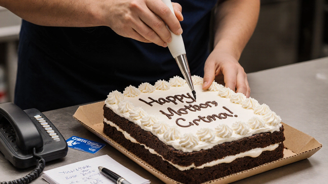 Bakery staff piping a simple &#039;Happy Birthday&#039; message onto a sheet cake with vanilla frosting and chocolate layers.