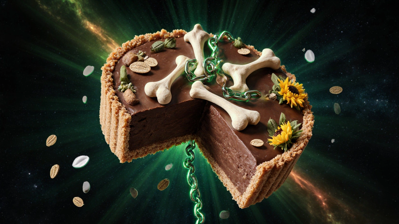 Chocolate tart cracked open to reveal hidden bones, surrounded by plant-based alternatives.
