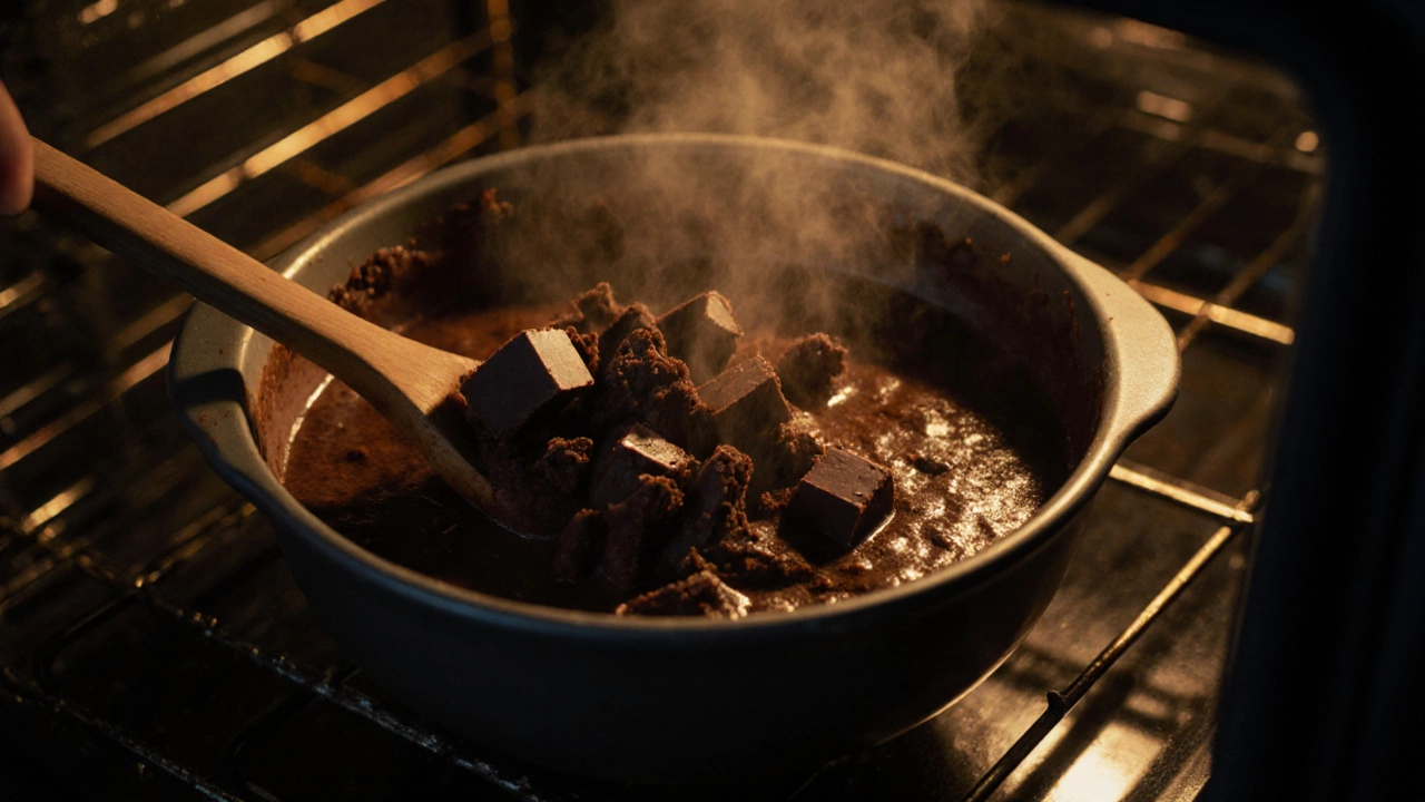 Fudge chunks mixing into brownie batter ready for baking.