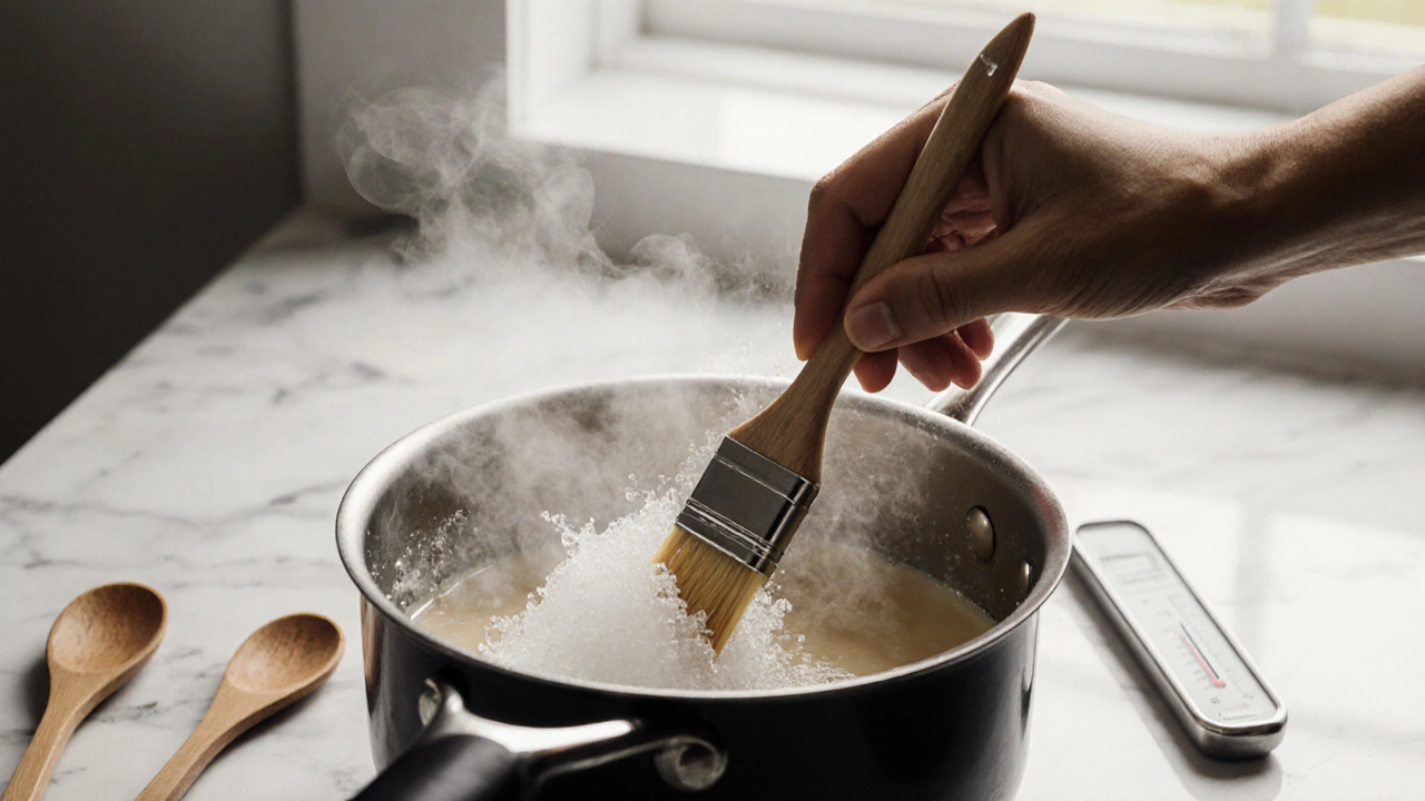 Hand using a damp brush to wipe sugar crystals from the side of a saucepan before boiling.