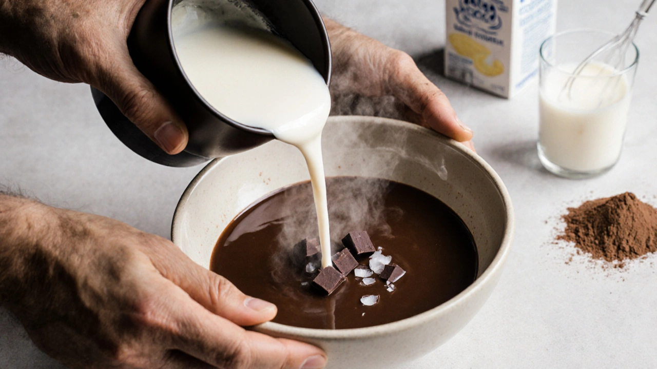 Hands pouring hot cream over dark chocolate to make ganache, steam rising gently.
