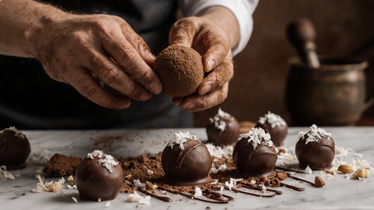 Hands rolling grainy fudge into coated chocolate truffles on a marble surface.